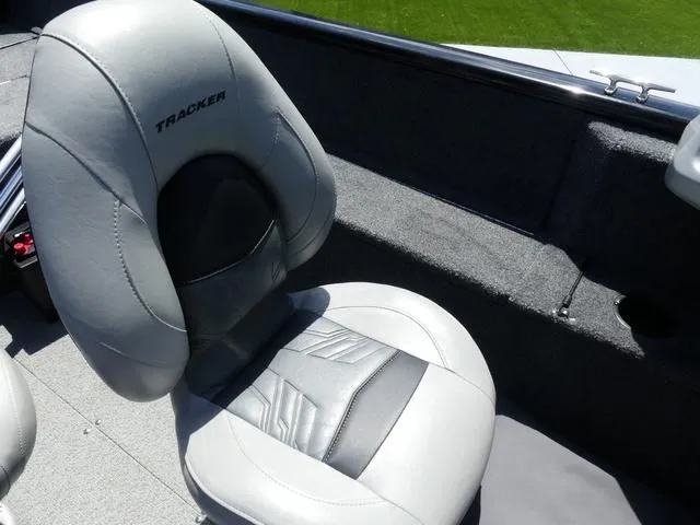 Slide: The Image of 2019 Tracker Pro Guide V-165 WT boat seat, gray and black upholstery. - 10