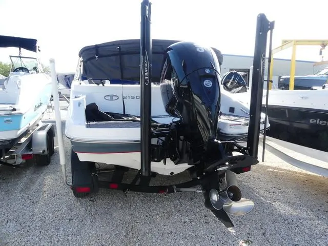 Slide: The Image of 2022 Tahoe 2150 boat with outboard motor, parked on gravel, rear view. - 5