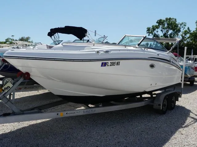 Slide: The Image of 2018 Hurricane SD 2200 OB boat on trailer, parked outdoors. - 18