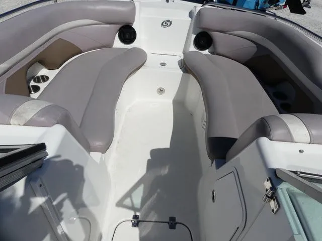 Slide: The Image of 2018 Hurricane SD 2200 OB boat interior with gray seating and spacious layout. - 29