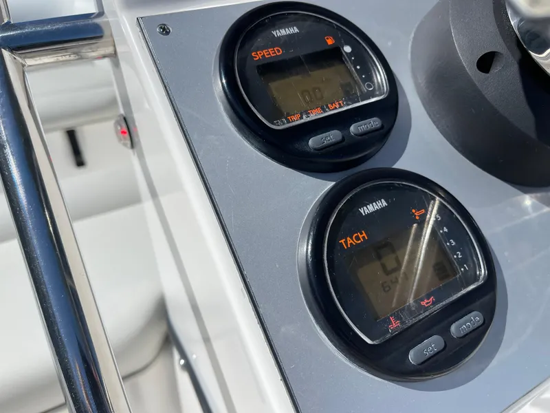 Slide: The Image of Close-up of Yamaha speed and tachometer gauges on a 2007 Novurania Deluxe 400 boat. - 18
