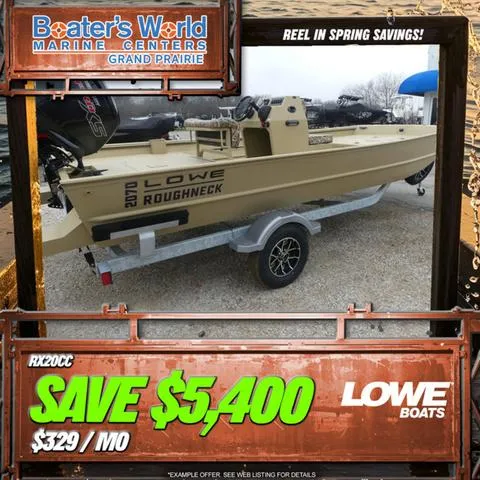 Slide: The Image of 2025 Lowe Roughneck RX20CC boat on trailer, beige color, parked outdoors. - 1