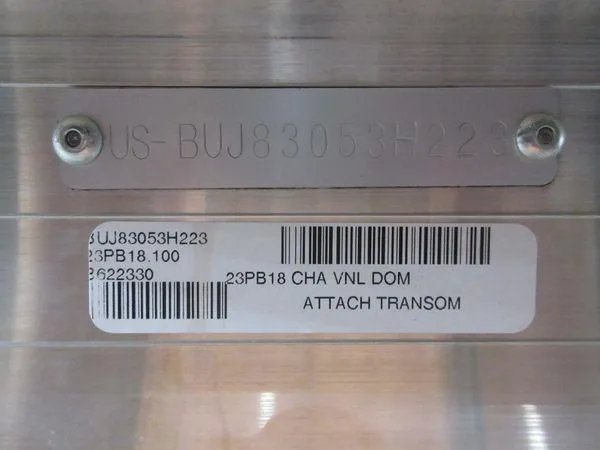 Slide: The Image of 2023 Sun Tracker Party Barge 18 DLX identification plate with serial and barcode details. - 10
