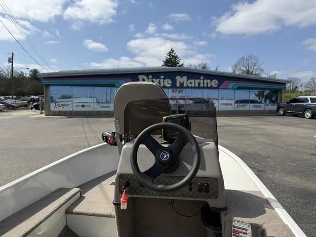 Slide: The Image of 2007 Fisher Boats Avenger 14 at Dixie Marine dealership, clear sky background. - 4
