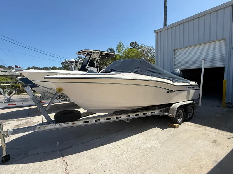 Slide: The Image of 2011 Grady-White Freedom 192 boat on trailer, covered, parked outside a storage facility. - 9