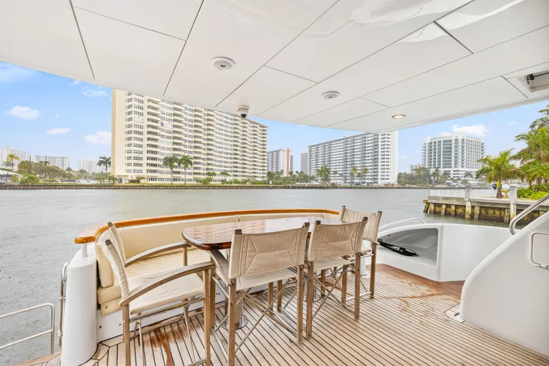 Slide: The Image of Outdoor deck of 2005 Hatteras 80 Motor Yacht with waterfront view and dining area. - 21