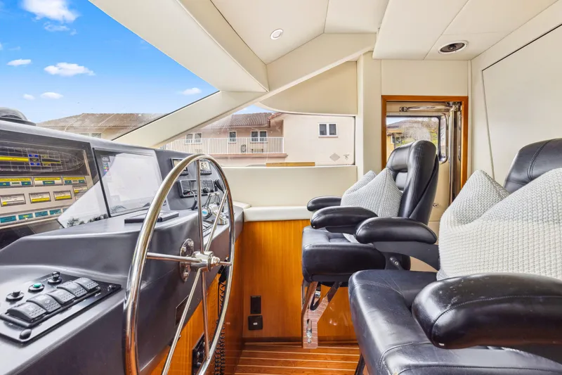 Slide: The Image of 2005 Hatteras 80 Motor Yacht helm with leather seats and modern controls. - 43