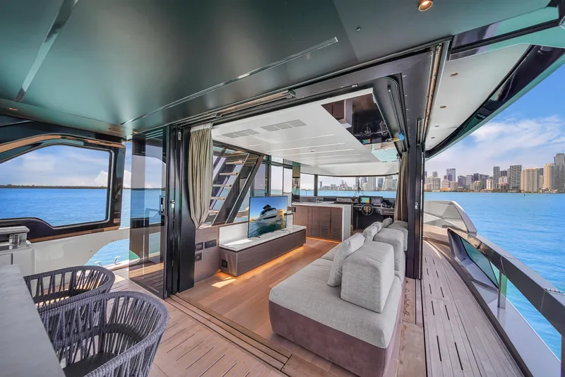 Slide: The Image of Luxurious 2021 Explorer 62 yacht interior with modern design and stunning ocean view. - 13
