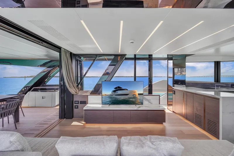 Slide: The Image of Luxurious interior of 2021 Explorer 62 yacht with modern design and ocean view. - 16