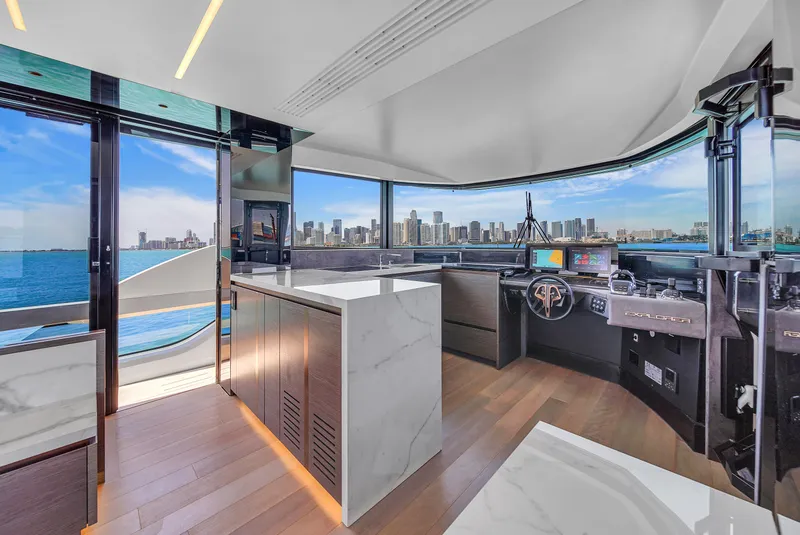 Slide: The Image of Luxurious 2021 Explorer 62 yacht interior with modern helm, panoramic windows, and sleek design. - 22