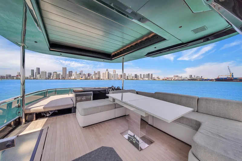 Slide: The Image of Luxurious Explorer 62 yacht interior with city skyline view, 2021 model. - 47