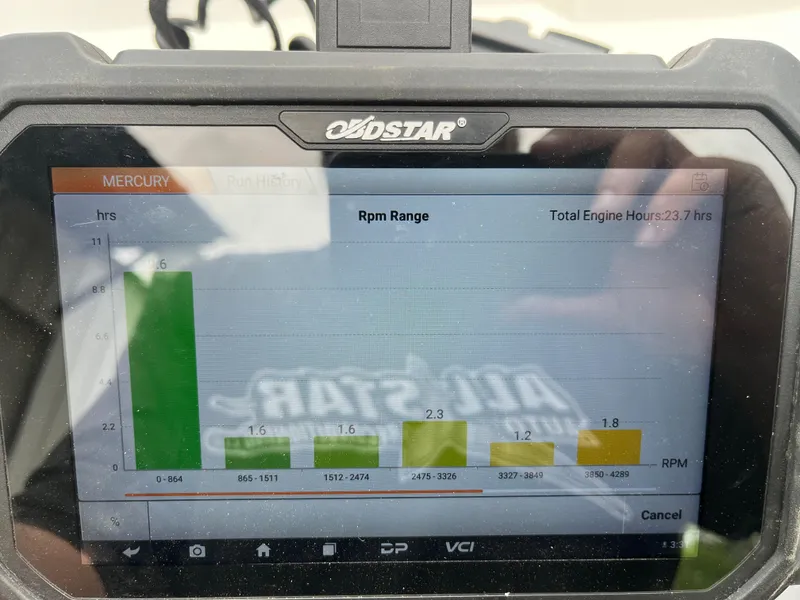Slide: The Image of Digital display showing engine RPM range and total hours for a 2021 Tahoe T16. - 2