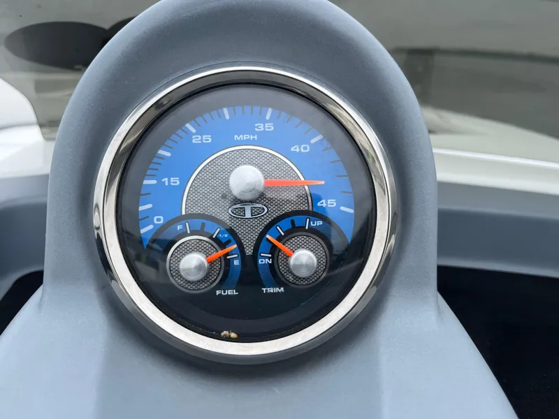 Slide: The Image of Dashboard of a 2021 Tahoe T16 boat with speedometer and fuel gauge. - 46