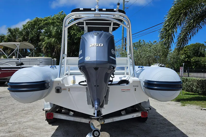 Slide: The Image of 2020 AB Inflatables Oceanus 24VST boat with 250 HP engine, parked on a trailer. - 30