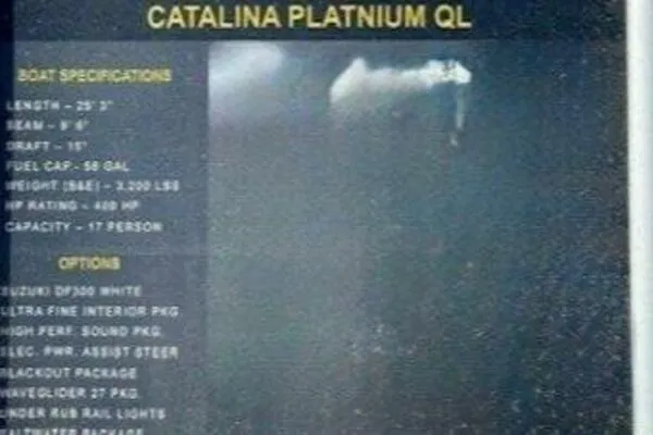 Slide: The Image of 2022 Avalon Catalina Platinum Quad Lounger specifications and options display board. - 7