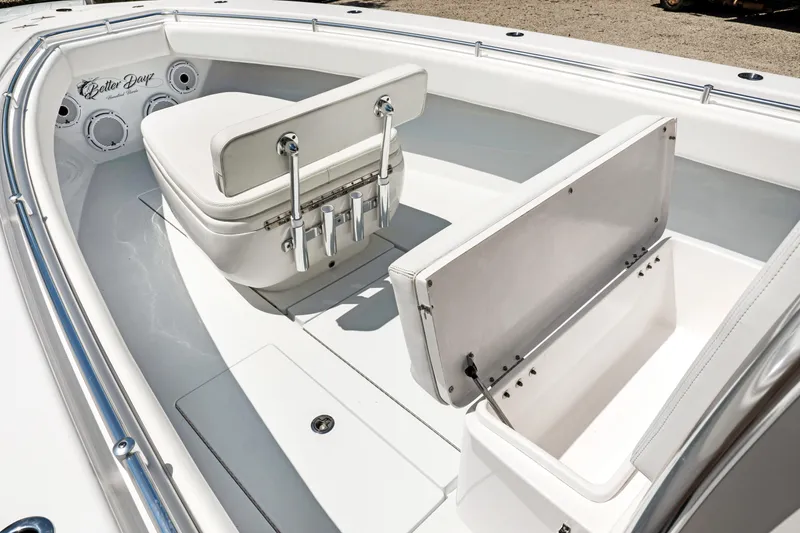 Slide: The Image of 2024 Contender 35 ST boat interior with seating and storage compartments. - 37