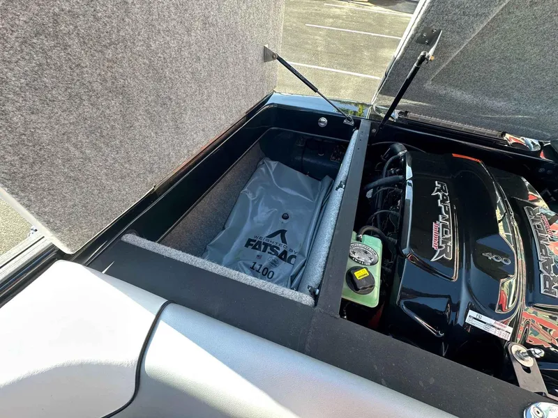 Slide: The Image of 2025 Sanger V215 SX boat engine compartment with Raptor engine and FatSac ballast system. - 19