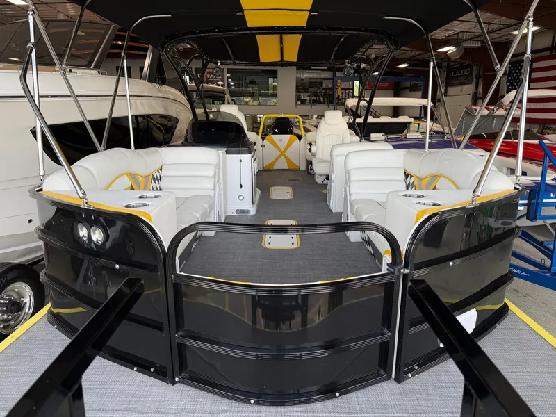 Slide: The Image of 2021 PlayCraft Infinity 2900 pontoon boat with spacious seating and modern design. - 40