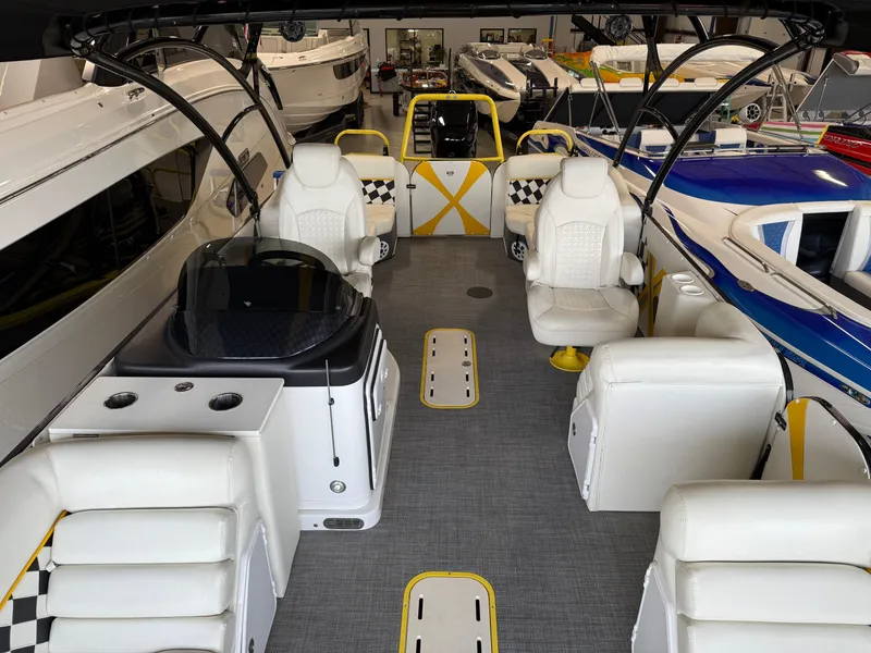 Slide: The Image of PlayCraft Infinity 2900, 2021 model, luxury boat interior with white seating and modern design. - 44