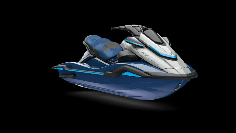 Slide: The Image of 2025 Yamaha Waverunner FX Limited SVHO in sleek blue and silver design on black background. - 2