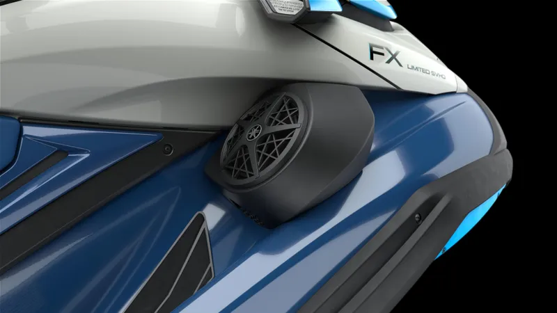 Slide: The Image of 2025 Yamaha Waverunner FX Limited SVHO, blue and white, close-up of speaker detail. - 7