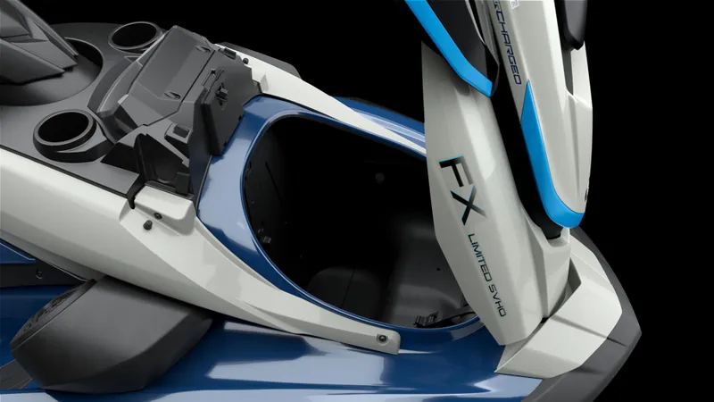 Slide: The Image of 2025 Yamaha Waverunner FX Limited SVHO, sleek design, open storage compartment, blue and white color scheme. - 8