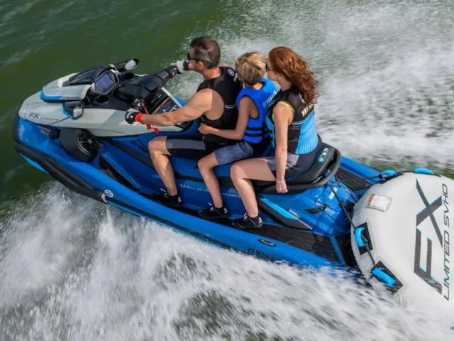 Slide: The Image of 2025 Yamaha Waverunner FX Limited SVHO with three riders enjoying a high-speed water adventure. - 10