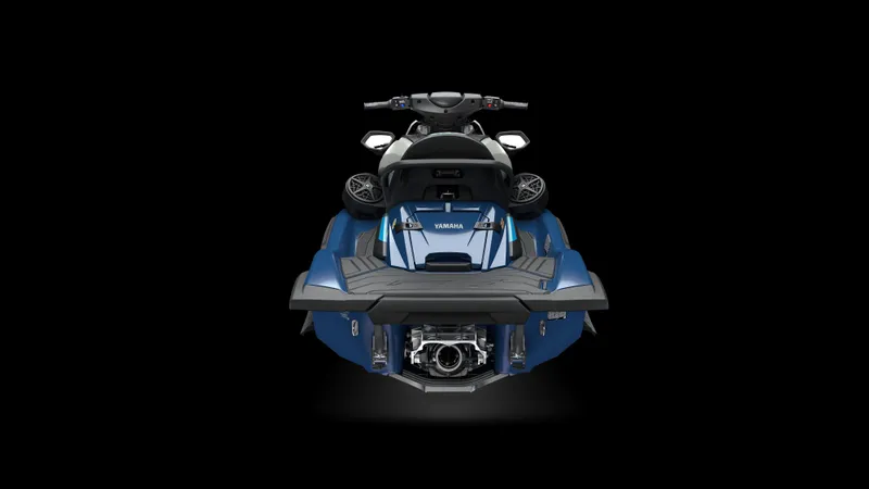 Slide: The Image of 2025 Yamaha Waverunner FX Limited SVHO, rear view, sleek blue design on black background. - 3