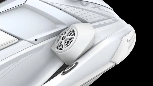 Slide: The Image of 2025 Yamaha Waverunner VX Cruiser with audio system, sleek white design, close-up view. - 7