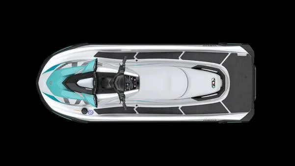 Slide: The Image of 2025 Yamaha Waverunner VX Deluxe, top view, sleek design, black and teal accents. - 11