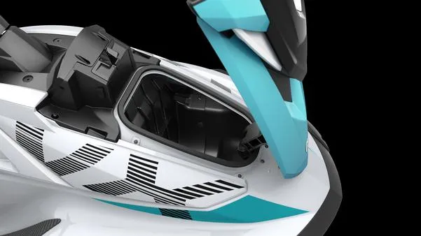 Slide: The Image of 2025 Yamaha Waverunner VX Deluxe storage compartment, open lid, sleek design, black and turquoise accents. - 9