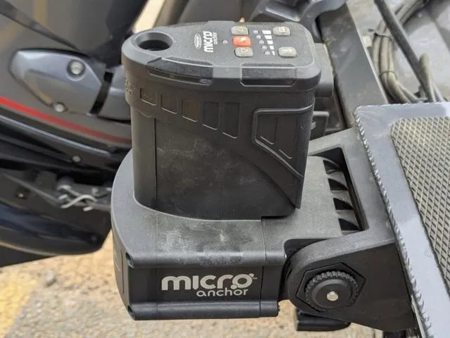 Slide: The Image of Micro Anchor device on a 2022 G3 Sportsman 1710 boat, close-up view. - 18