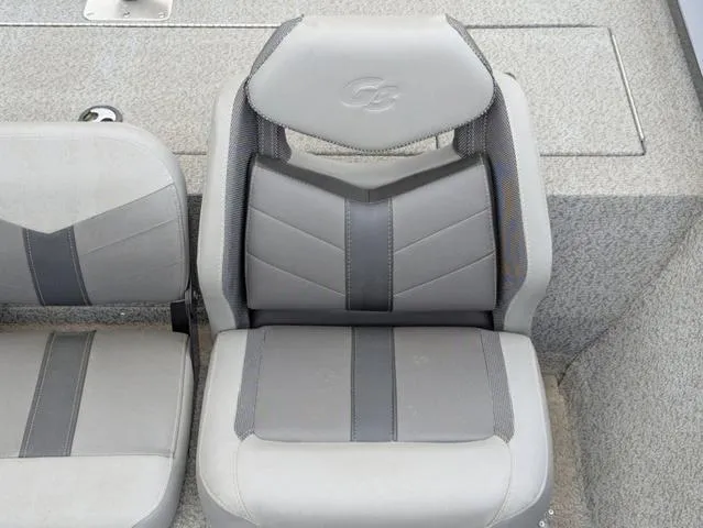 Slide: The Image of 2022 G3 Sportsman 1710 boat seat with gray upholstery and logo detailing. - 30