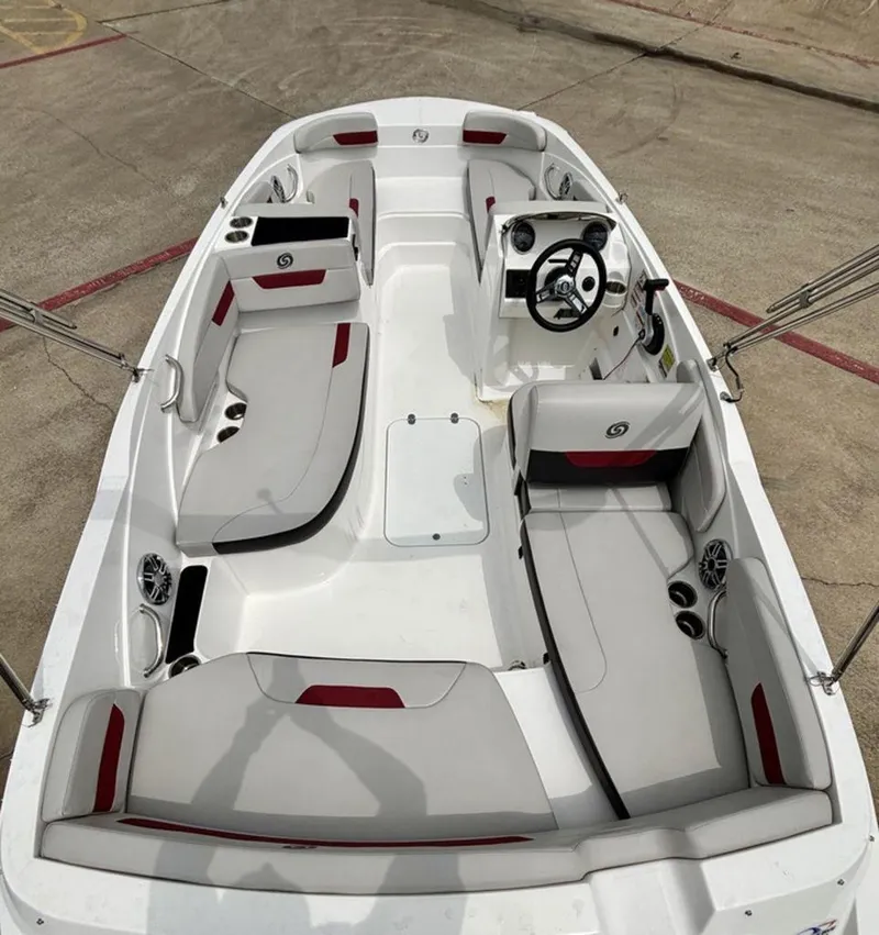 Slide: The Image of 2022 Hurricane SunDeck Sport 185 OB boat interior with white and red seating. - 3
