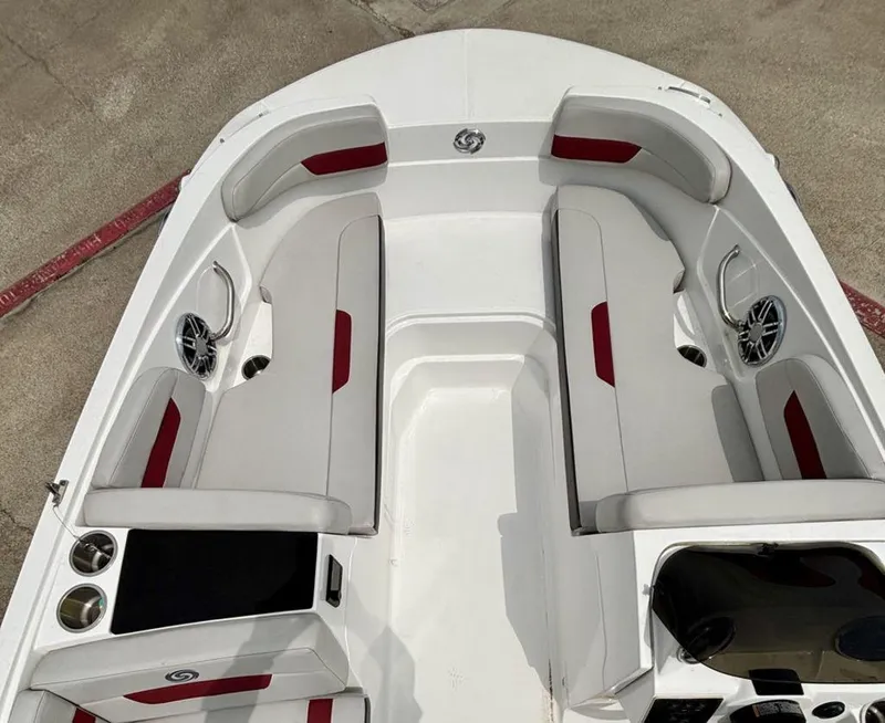 Slide: The Image of 2022 Hurricane SunDeck Sport 185 OB boat interior with white and red seating. - 6