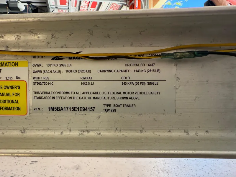 Slide: The Image of Boat trailer specifications label with weight and tire details for Bulls Bay 1700, 2014 model. - 36
