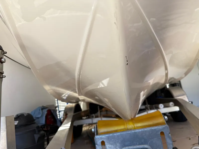 Slide: The Image of 2014 Bulls Bay 1700 boat hull on trailer in storage. - 5