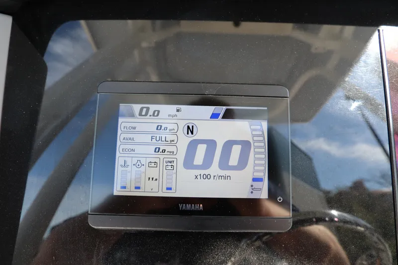 Slide: The Image of Yamaha display on 2021 Robalo R242 Explorer showing speed and fuel data. - 25