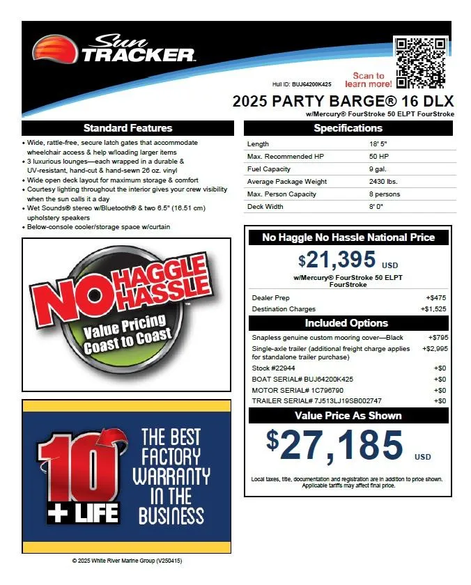 Slide: The Image of 2025 Sun Tracker Party Barge 16 DLX features and pricing details. - 43