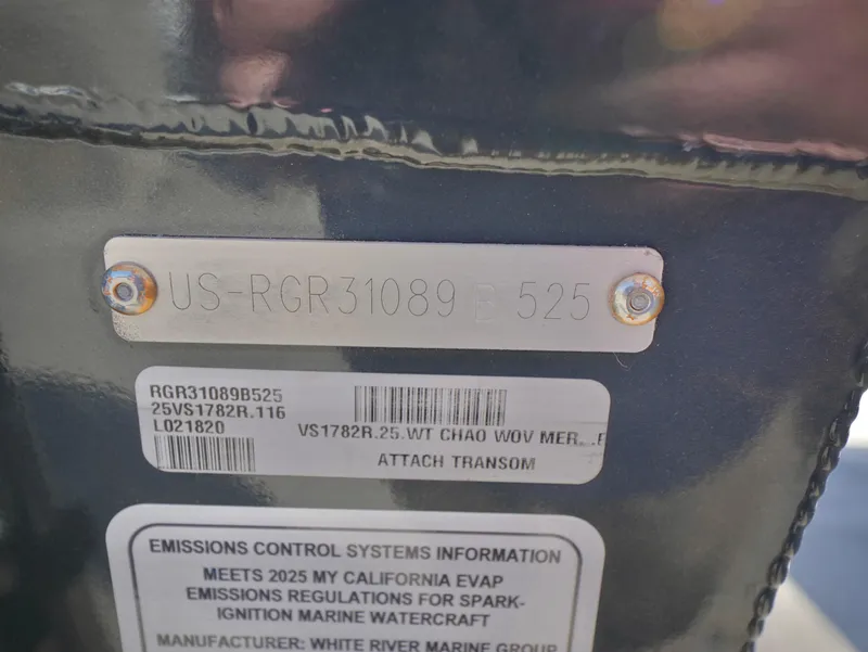 Slide: The Image of 2025 Ranger VS1782SC Reata boat identification and emissions control information plate. - 18