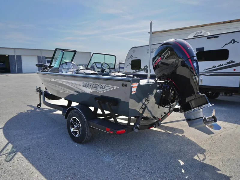 Slide: The Image of 2025 Ranger VS1782SC Reata boat with powerful outboard motor, parked near RV. - 4