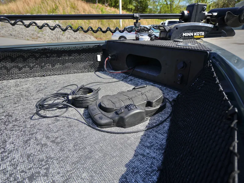 Slide: The Image of 2025 Ranger VS1782SC Reata boat deck with Minn Kota trolling motor and foot pedal. - 8