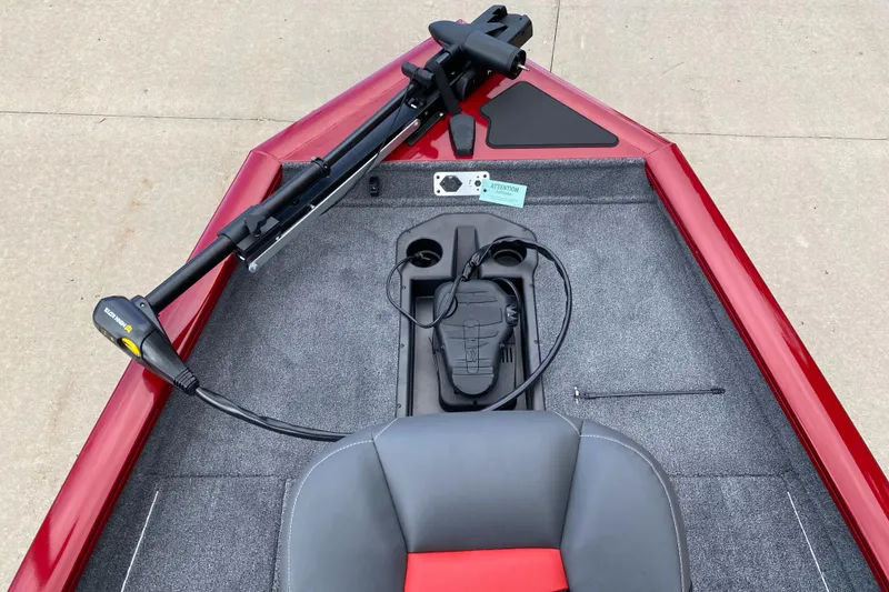 Slide: The Image of 2025 Tracker Pro Team 175 boat deck with trolling motor and seating. - 3