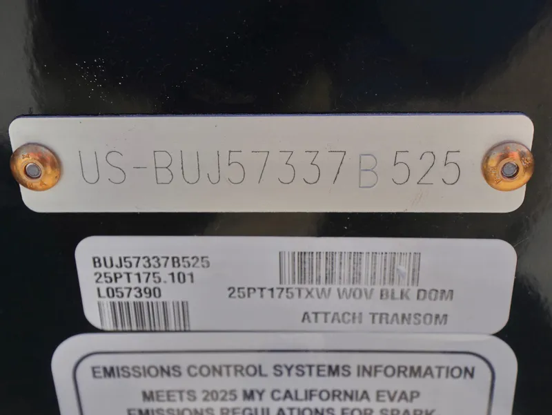 Slide: The Image of 2025 Tracker Pro Team 175 serial and emissions information plate. - 19