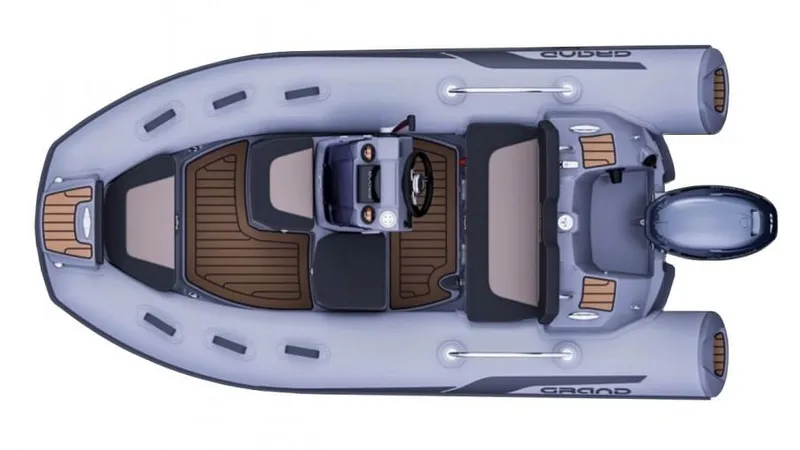 Slide: The Image of Top view of 2025 Grand G380N inflatable boat with sleek design and modern features. - 2