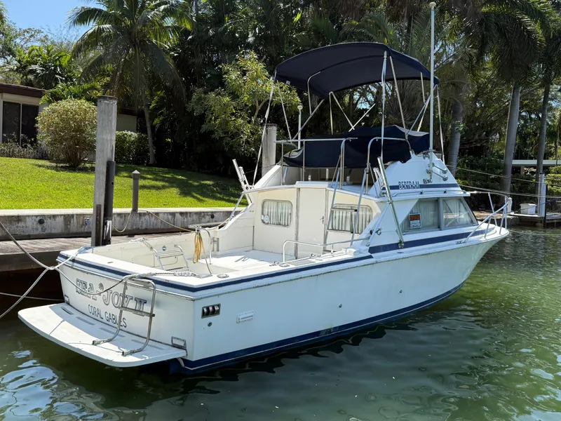 Slide: The Image of 1979 Bertram 28 Flybridge Cruiser docked in a serene, tropical setting. - 2