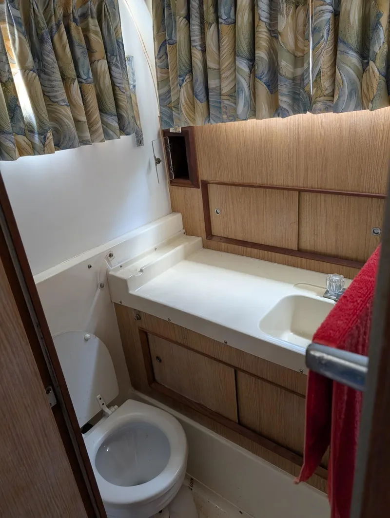 Slide: The Image of 1979 Bertram 28 Flybridge Cruiser bathroom with sink, toilet, and patterned curtains. - 7