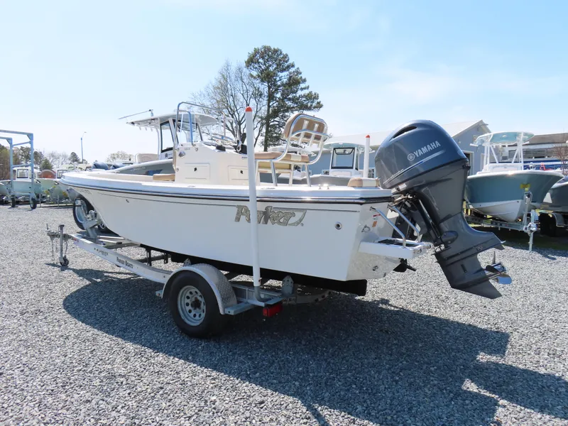Slide: The Image of 2018 Parker 1801 Center Console boat on trailer with Yamaha outboard motor. - 2