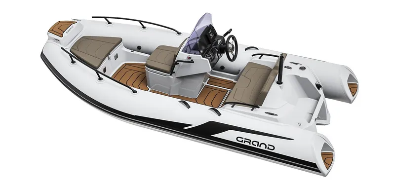 Slide: The Image of 2025 Grand G420 inflatable boat with sleek design, white hull, and comfortable seating. - 3