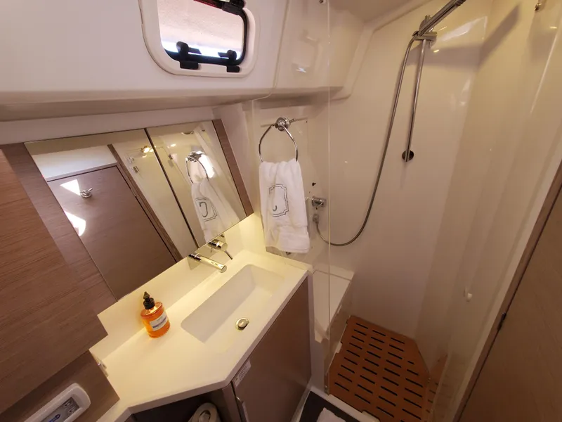 Slide: The Image of Modern bathroom in 2023 Hanse 460 yacht with shower and sink. - 29